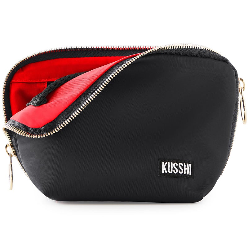 KUSSHI Washable Travel Makeup Bag for Purse (Everyday, Satin Black/Red) - Image 1
